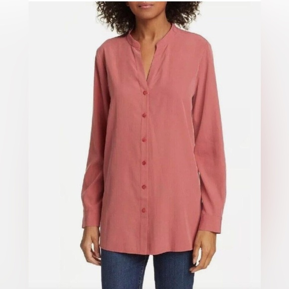 Eileen Fisher Sandwashed Tencel Stand Collar Top Shirt Blouse Chutney Size Small - Picture 1 of 8